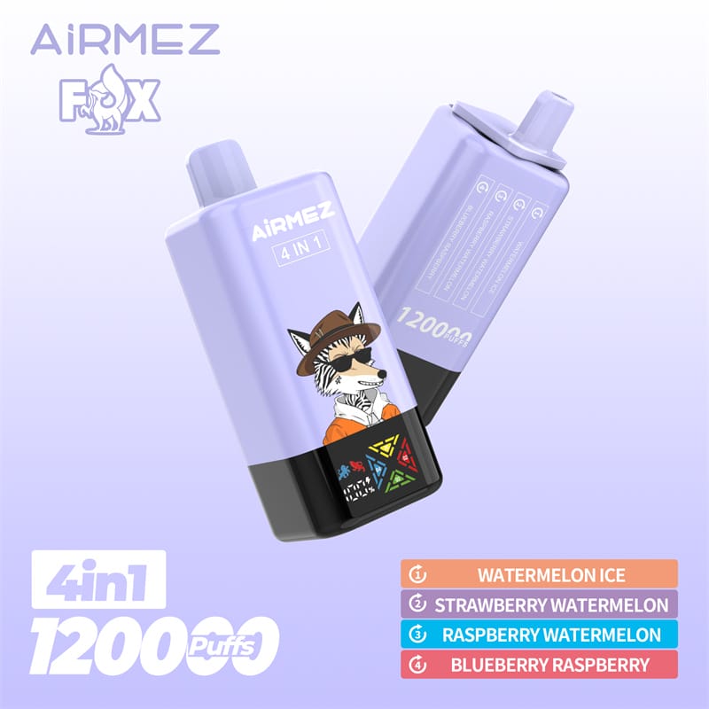 E-papieros Airmez Fox 4in1 z widocznymi czterema komorami smakowymi i przełącznikiem wyboru smaku.