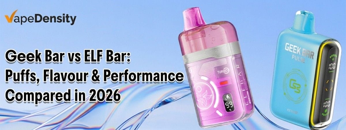 Porównanie dwóch e-papierosów jednorazowych marek Geek Bar i Elf Bar, prezentujące ich design obok siebie na nowoczesnym tle.