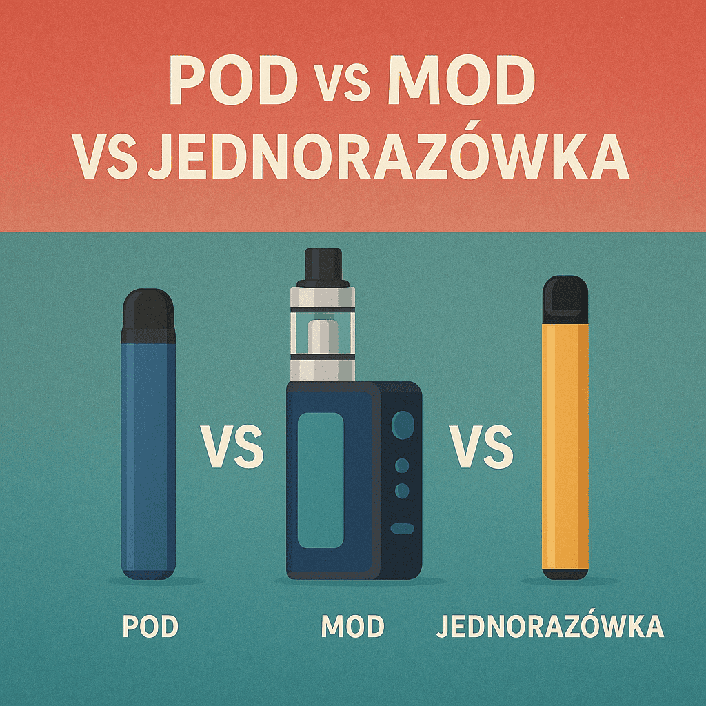 Osoba zaciągająca się z e-papierosa jednorazowego, z wizualizacją różnicy w gęstości i cieple pary między pełnym a niskim naładowaniem baterii.