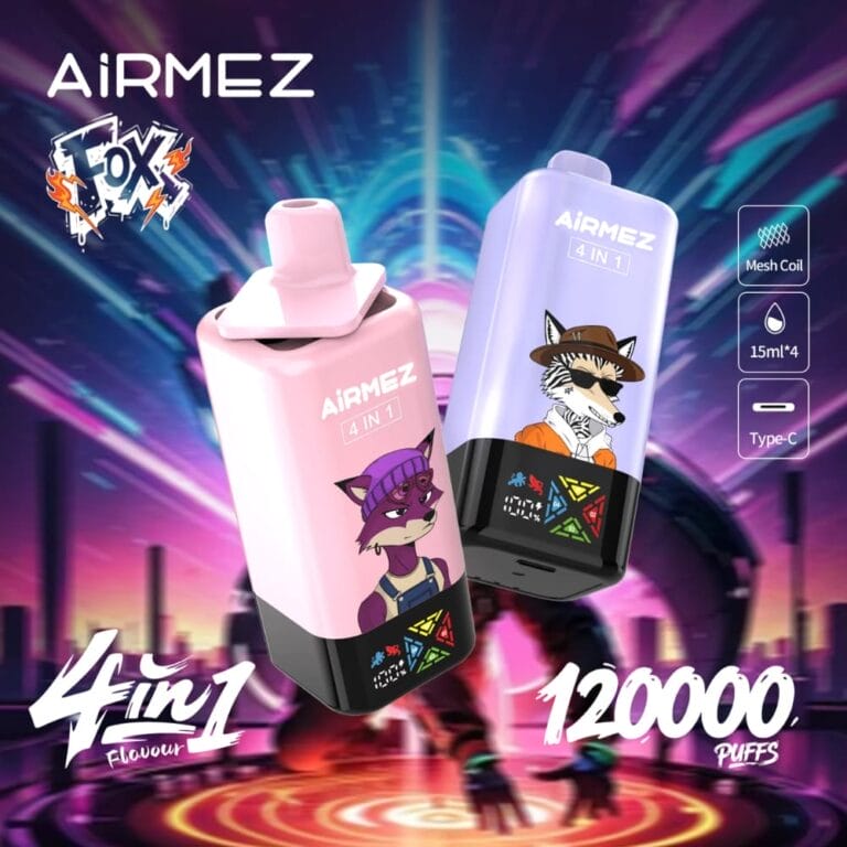 Zdjęcie kompaktowego urządzenia do wapowania Airmez Fox 4in1, prezentującego jego nowoczesny design i funkcjonalność.