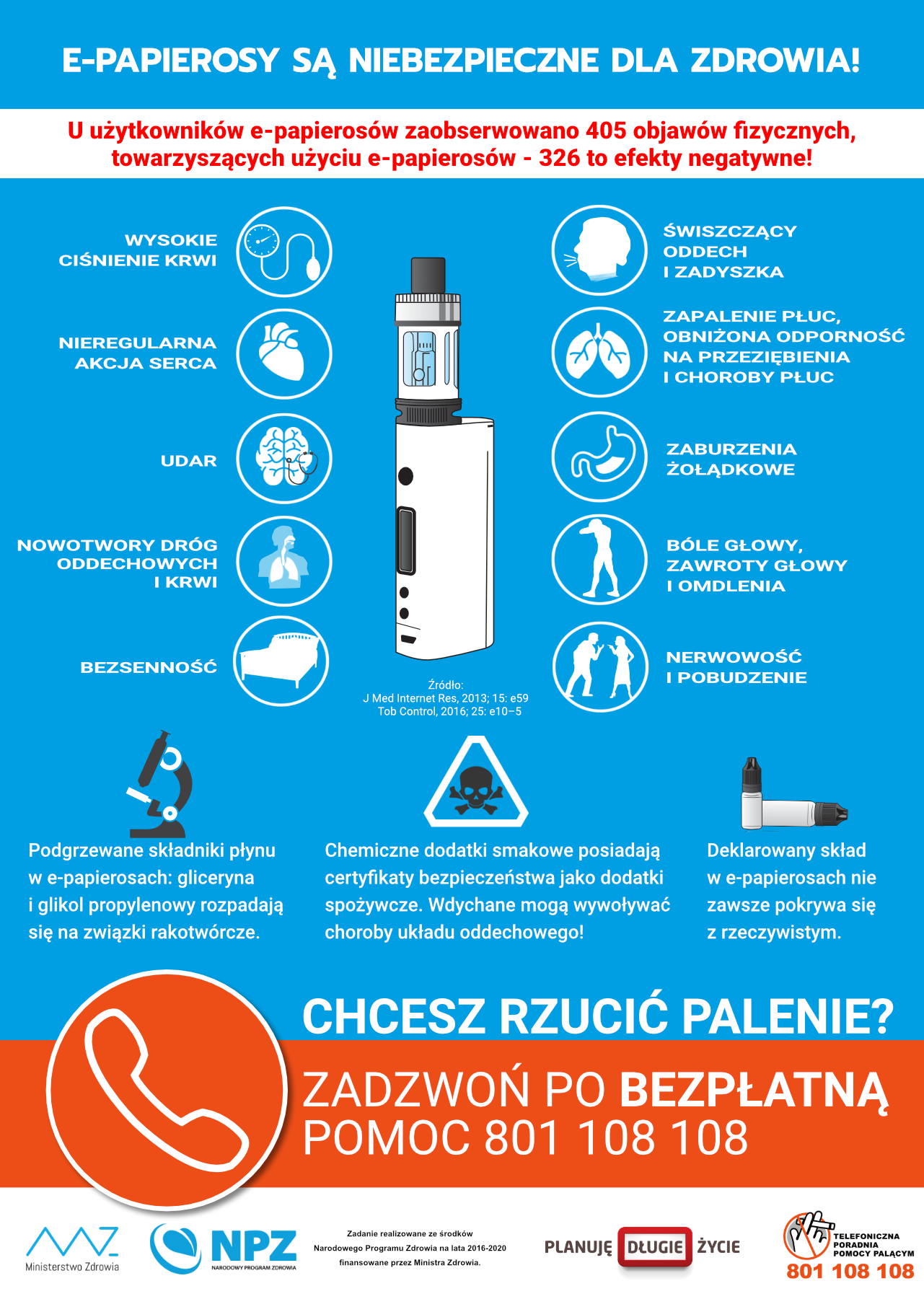 Ilustracja przedstawiająca probówki laboratoryjne, symbole ryzyka chemicznego oraz porównanie czystego, legalnego liquidu z zanieczyszczonym, niekontrolowanym płynem do e-papierosów.