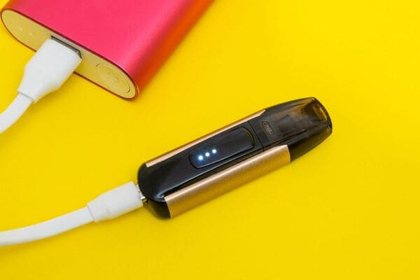 Nowoczesny jednorazowy e-papieros premium z wyraźnie widocznym portem ładowania USB-C na spodzie urządzenia, podłączony do kabla.